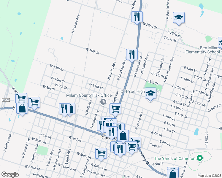 map of restaurants, bars, coffee shops, grocery stores, and more near 1100 North Crockett Avenue in Cameron