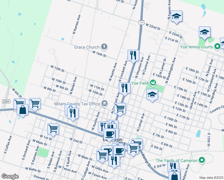 map of restaurants, bars, coffee shops, grocery stores, and more near 1203 North Crockett Avenue in Cameron