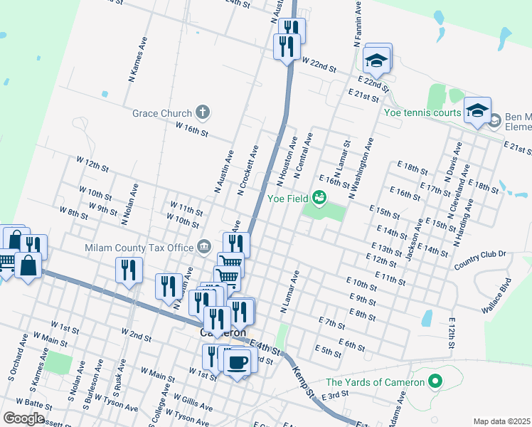 map of restaurants, bars, coffee shops, grocery stores, and more near 300 West 12th Street in Cameron