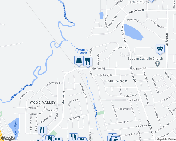 map of restaurants, bars, coffee shops, grocery stores, and more near 2406 Park Lane in Valdosta