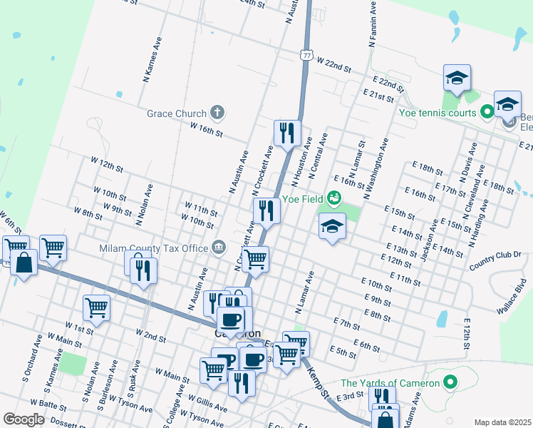 map of restaurants, bars, coffee shops, grocery stores, and more near 300 West 12th Street in Cameron