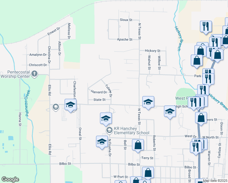 map of restaurants, bars, coffee shops, grocery stores, and more near 1211 Harvard Drive in DeRidder