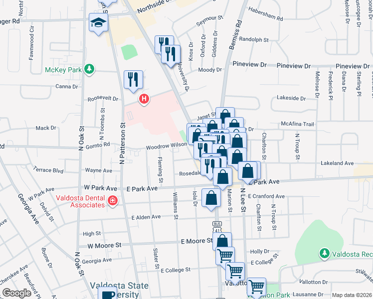 map of restaurants, bars, coffee shops, grocery stores, and more near 501 Woodrow Wilson Drive in Valdosta