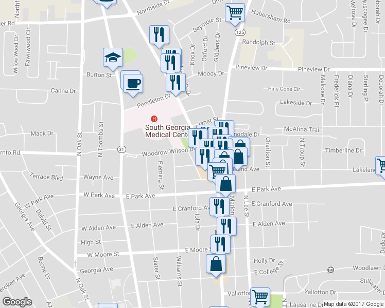 map of restaurants, bars, coffee shops, grocery stores, and more near 501 Woodrow Wilson Drive in Valdosta