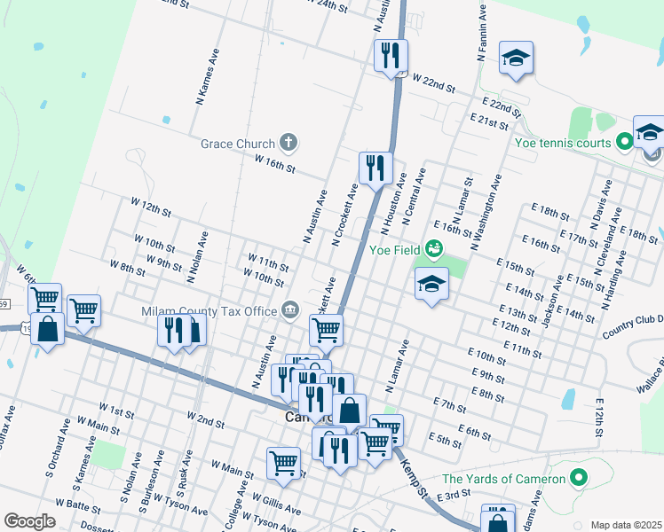map of restaurants, bars, coffee shops, grocery stores, and more near 1203 North Crockett Avenue in Cameron