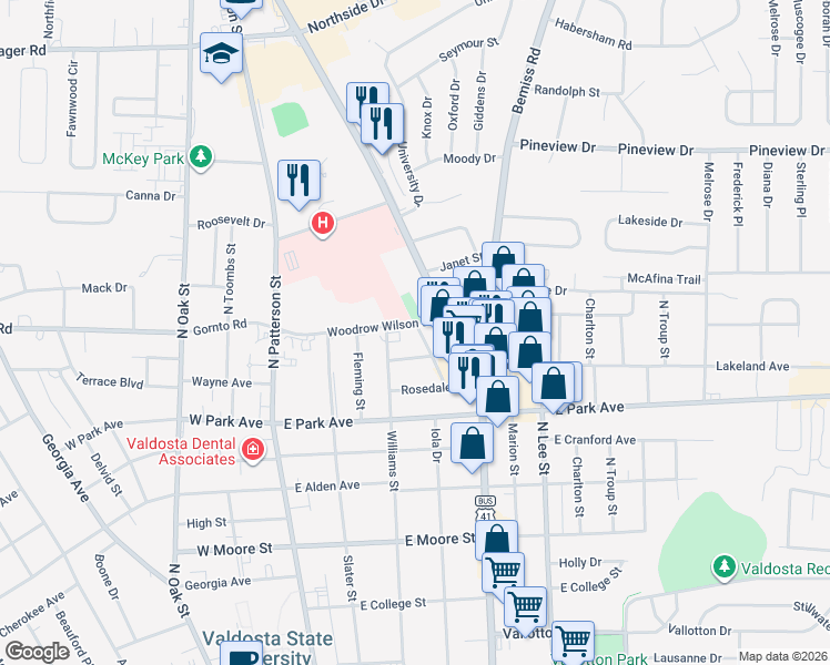 map of restaurants, bars, coffee shops, grocery stores, and more near 501 Woodrow Wilson Drive in Valdosta