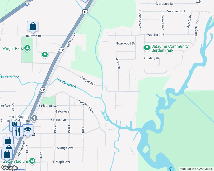 map of restaurants, bars, coffee shops, grocery stores, and more near 5753 Dale Drive in Satsuma