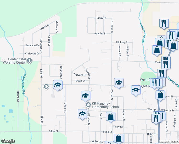 map of restaurants, bars, coffee shops, grocery stores, and more near 1211-1299 Harvard Drive in DeRidder