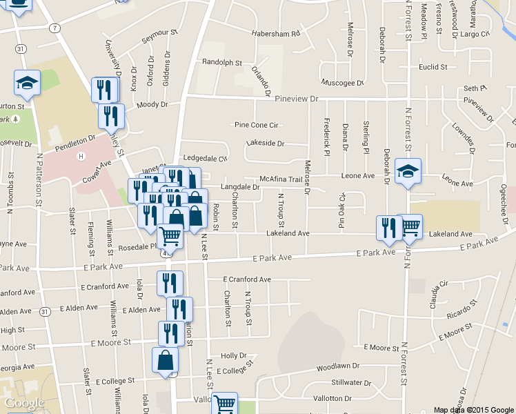 map of restaurants, bars, coffee shops, grocery stores, and more near 2121 Caswell Street in Valdosta