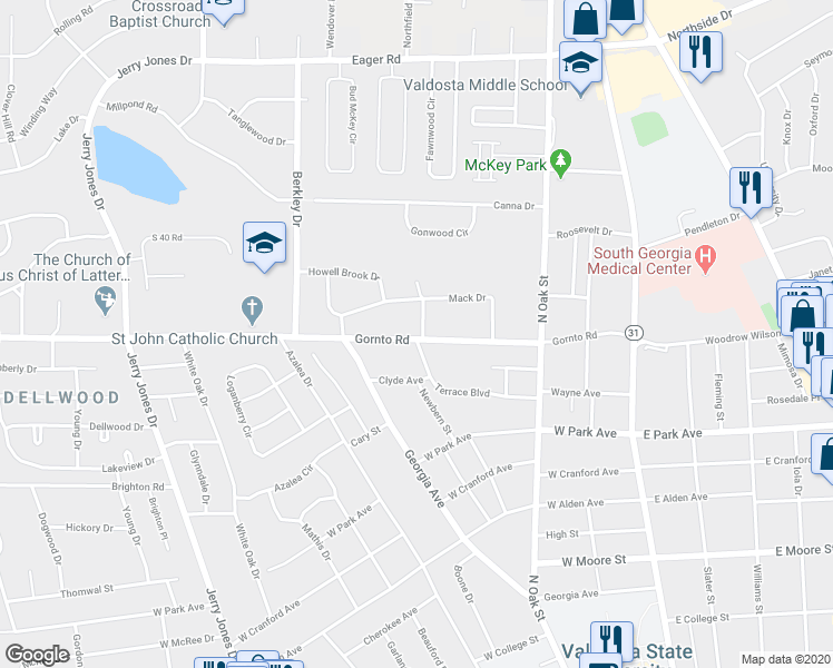 map of restaurants, bars, coffee shops, grocery stores, and more near 600 Gornto Road in Valdosta