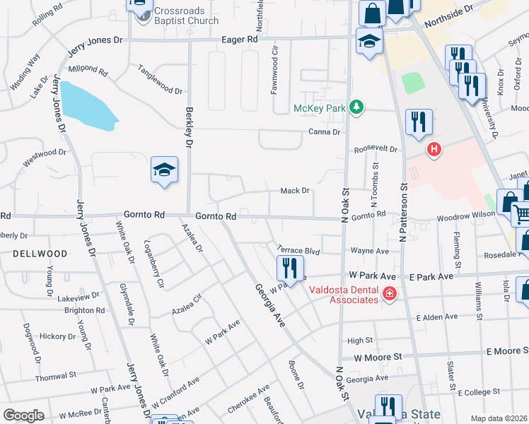 map of restaurants, bars, coffee shops, grocery stores, and more near 600 Gornto Road in Valdosta