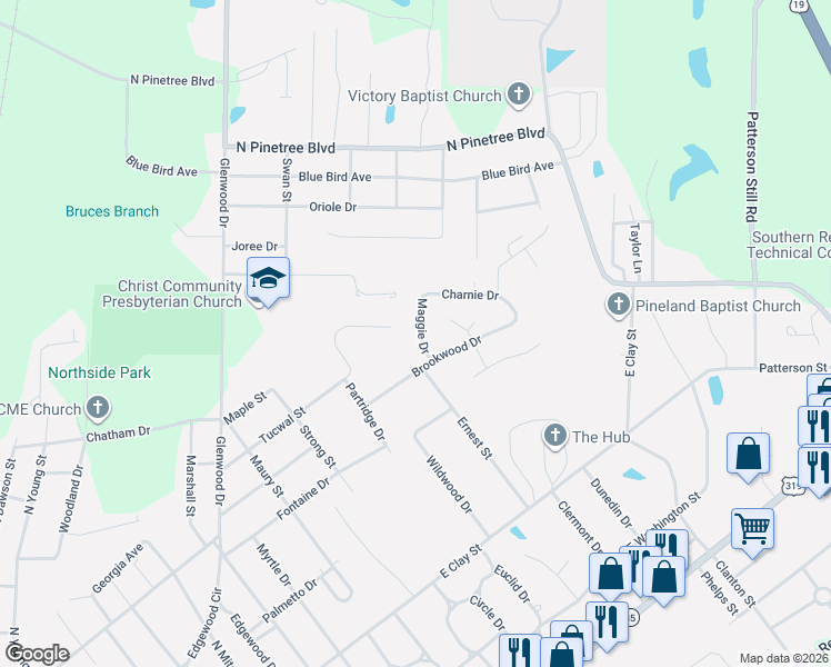 map of restaurants, bars, coffee shops, grocery stores, and more near 113 Brookwood Drive in Thomasville