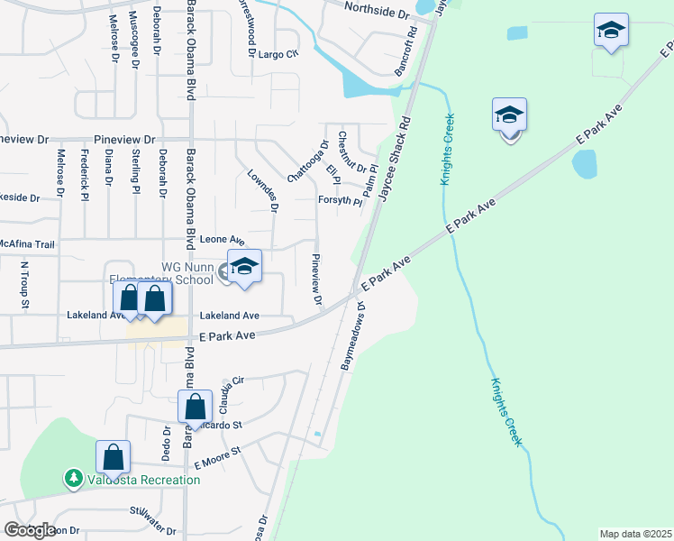 map of restaurants, bars, coffee shops, grocery stores, and more near 1700 Pineview Drive in Valdosta