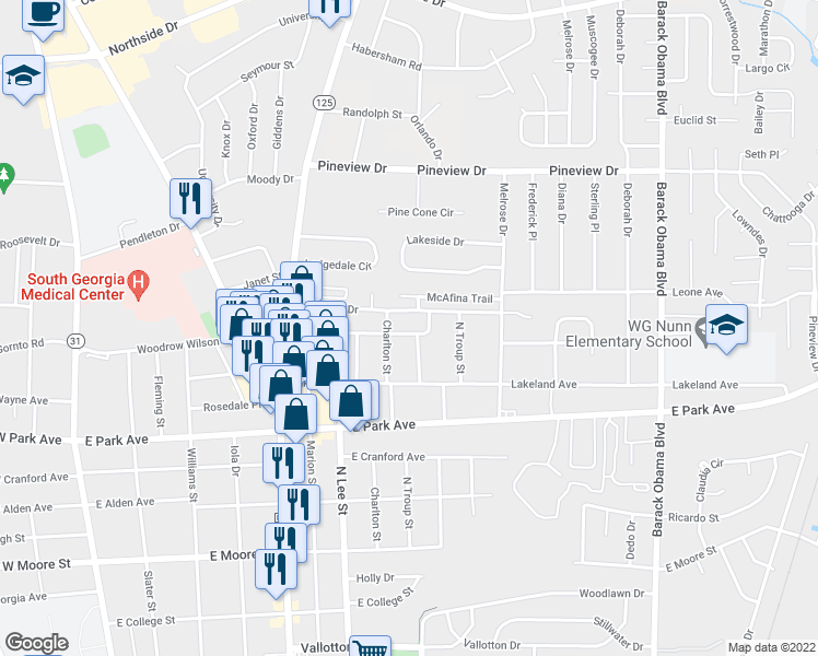 map of restaurants, bars, coffee shops, grocery stores, and more near 806 Wilson Avenue in Valdosta