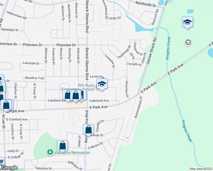 map of restaurants, bars, coffee shops, grocery stores, and more near 1638 Lexington Circle in Valdosta