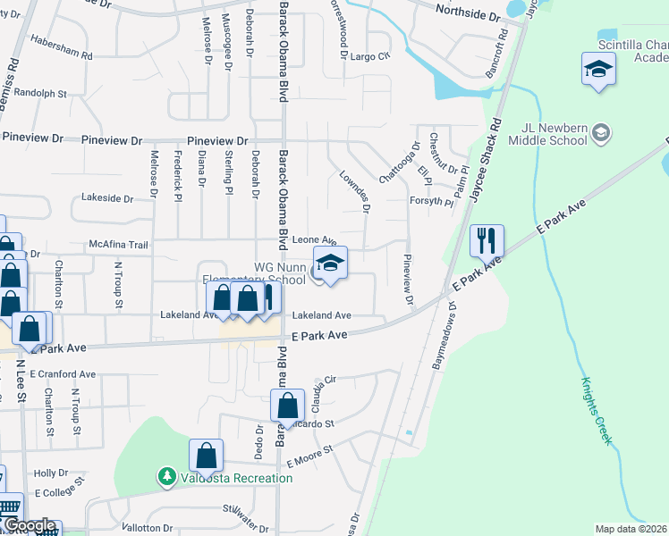 map of restaurants, bars, coffee shops, grocery stores, and more near 1638 Lexington Circle in Valdosta