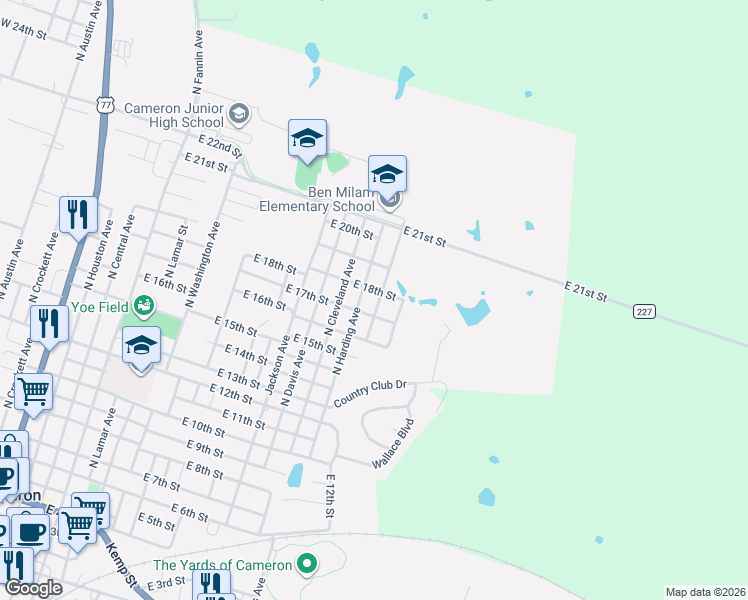 map of restaurants, bars, coffee shops, grocery stores, and more near 1801 North Harding Avenue in Cameron