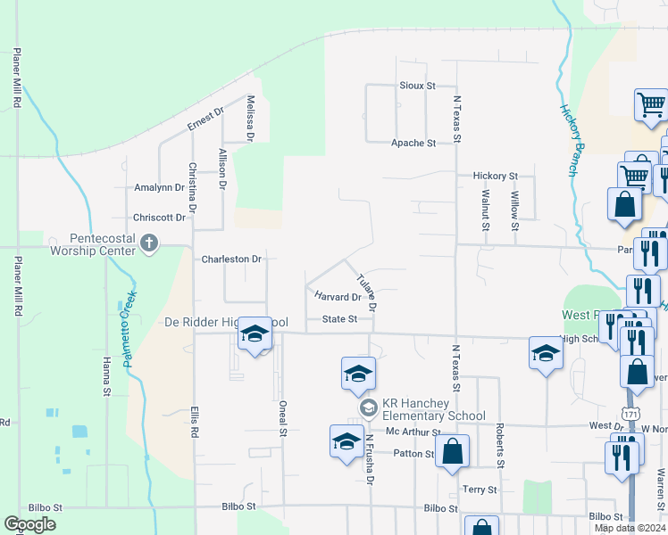 map of restaurants, bars, coffee shops, grocery stores, and more near 705 Auburn Drive in DeRidder