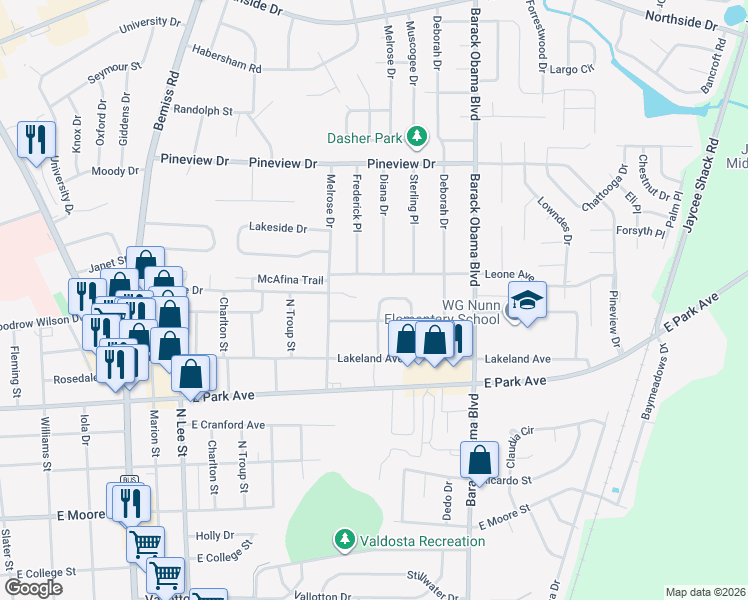 map of restaurants, bars, coffee shops, grocery stores, and more near 1105 Langdale Drive in Valdosta