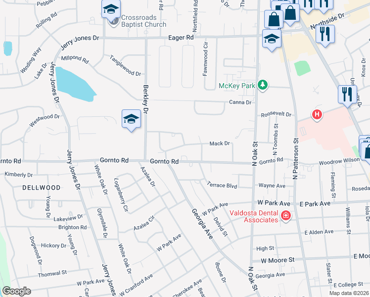 map of restaurants, bars, coffee shops, grocery stores, and more near 600 Howell Brook Drive in Valdosta