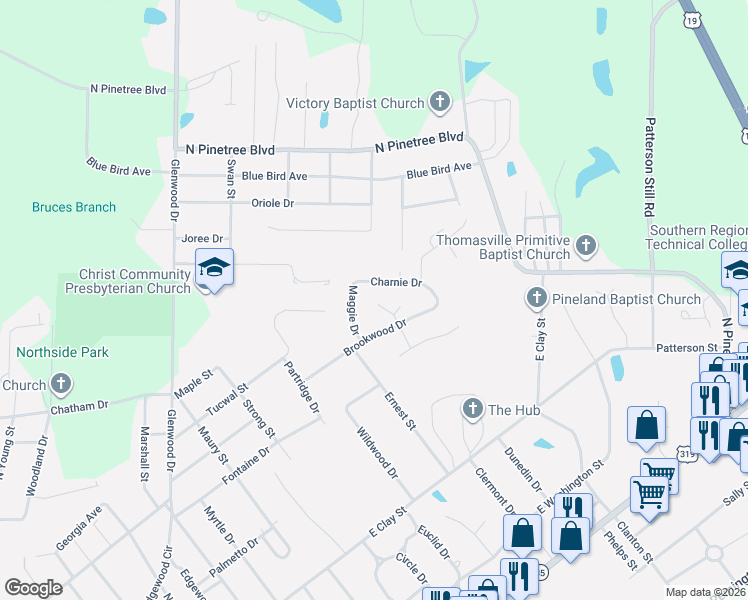 map of restaurants, bars, coffee shops, grocery stores, and more near 105 Scotty Court in Thomasville