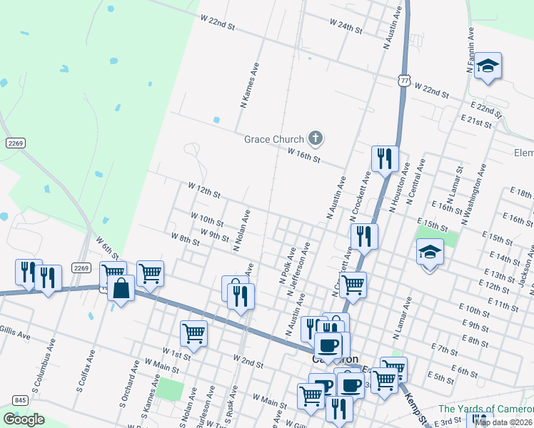 map of restaurants, bars, coffee shops, grocery stores, and more near 901 West 12th Street in Cameron