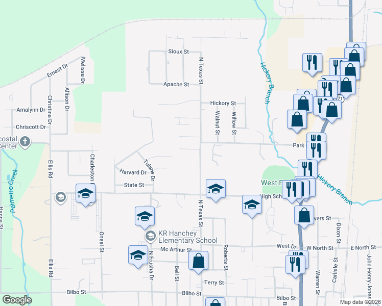 map of restaurants, bars, coffee shops, grocery stores, and more near 1000-1024 Oak Park Rd in DeRidder