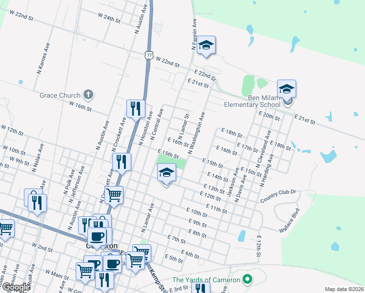 map of restaurants, bars, coffee shops, grocery stores, and more near 205 East 16th Street in Cameron