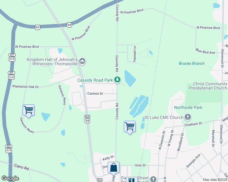 map of restaurants, bars, coffee shops, grocery stores, and more near 1003 Cassidy Road in Thomasville