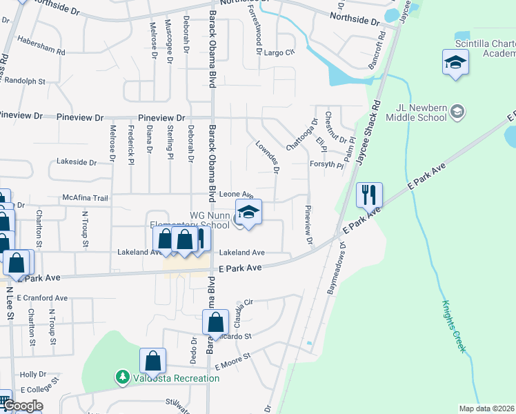 map of restaurants, bars, coffee shops, grocery stores, and more near 1638 Lexington Circle in Valdosta