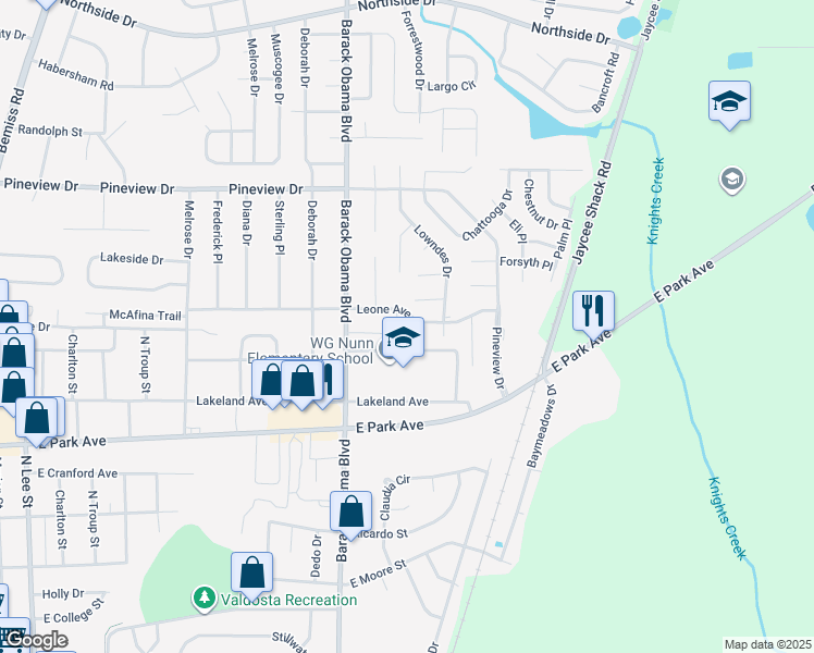 map of restaurants, bars, coffee shops, grocery stores, and more near 1638 Lexington Circle in Valdosta