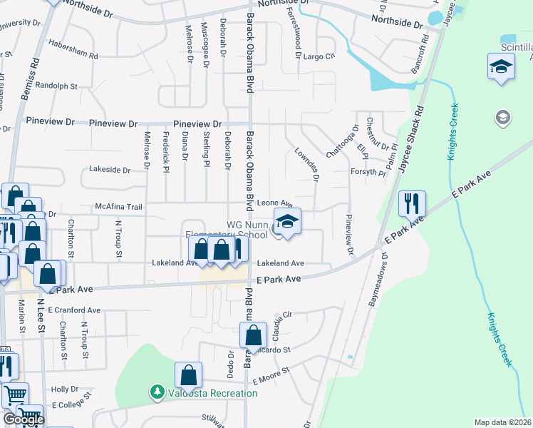 map of restaurants, bars, coffee shops, grocery stores, and more near 1614 Lexington Circle in Valdosta