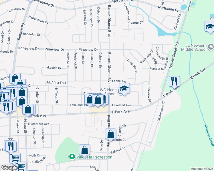 map of restaurants, bars, coffee shops, grocery stores, and more near 2220 North Forrest Street in Valdosta