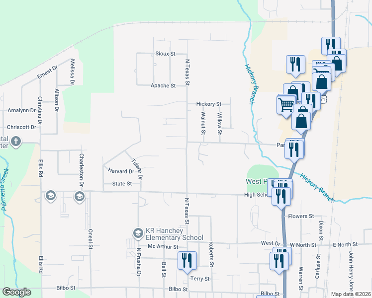 map of restaurants, bars, coffee shops, grocery stores, and more near 1000 Oak Park Road in DeRidder