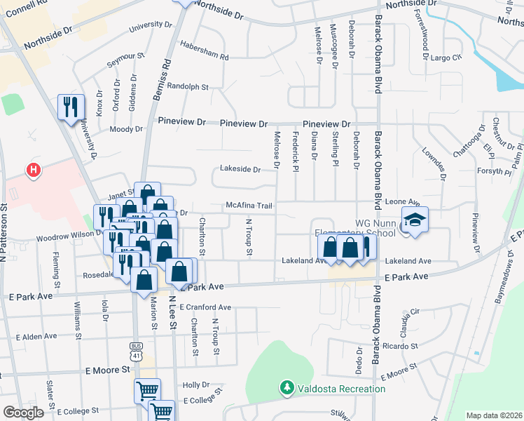 map of restaurants, bars, coffee shops, grocery stores, and more near 958 McAfina Trail in Valdosta