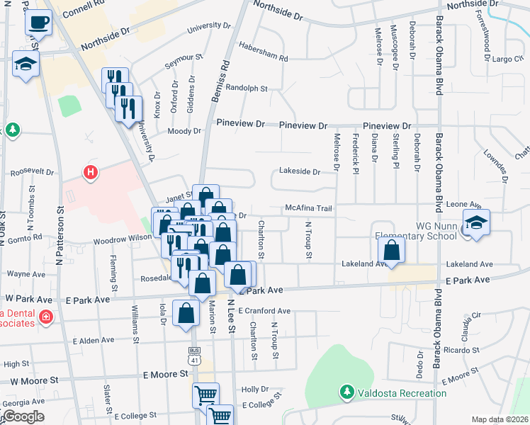 map of restaurants, bars, coffee shops, grocery stores, and more near 1 Pinedale Circle in Valdosta