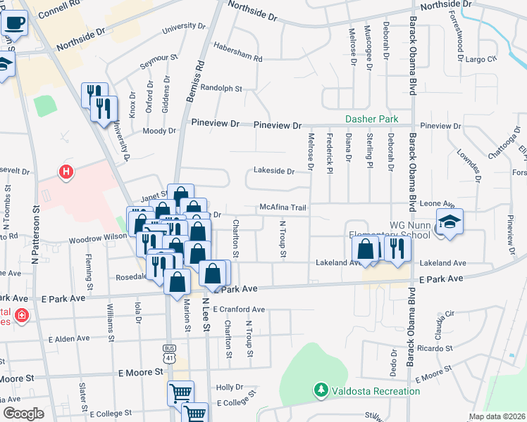 map of restaurants, bars, coffee shops, grocery stores, and more near 912 McAfina Trail in Valdosta