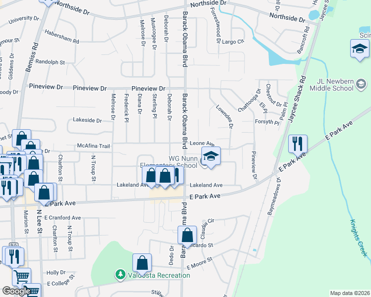 map of restaurants, bars, coffee shops, grocery stores, and more near 2220 North Forrest Street in Valdosta