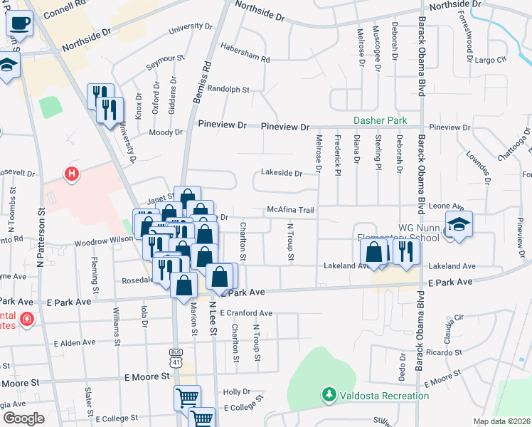 map of restaurants, bars, coffee shops, grocery stores, and more near 912 McAfina Trail in Valdosta