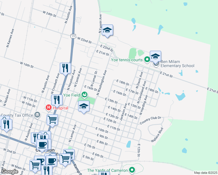 map of restaurants, bars, coffee shops, grocery stores, and more near 1610 North Burns Avenue in Cameron