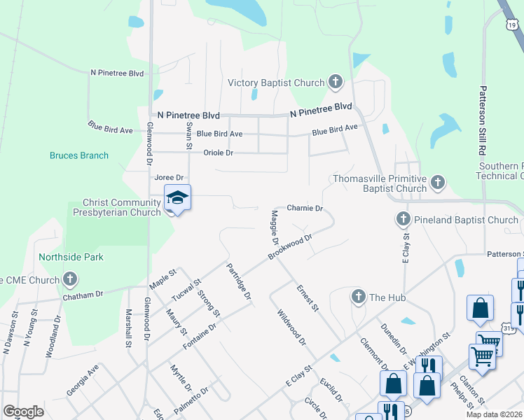 map of restaurants, bars, coffee shops, grocery stores, and more near 116 Ayries Drive in Thomasville