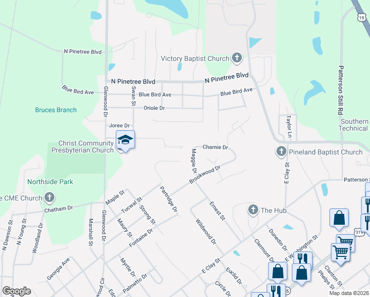 map of restaurants, bars, coffee shops, grocery stores, and more near 116 Ayries Drive in Thomasville