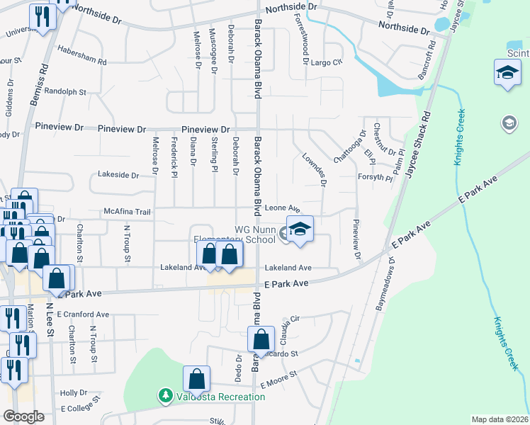 map of restaurants, bars, coffee shops, grocery stores, and more near 1614 Lexington Circle in Valdosta