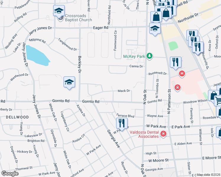 map of restaurants, bars, coffee shops, grocery stores, and more near 600 Howell Brook Drive in Valdosta