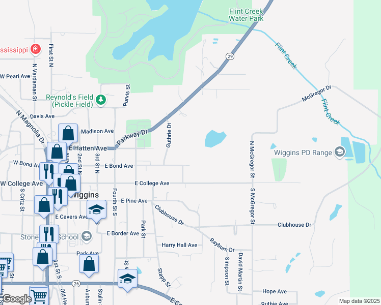 map of restaurants, bars, coffee shops, grocery stores, and more near 929 East College Avenue in Wiggins