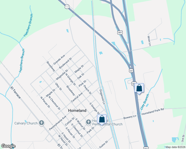 map of restaurants, bars, coffee shops, grocery stores, and more near 23 Plum Street in Homeland
