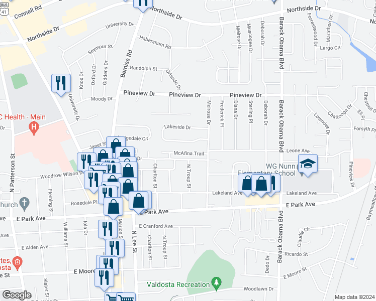 map of restaurants, bars, coffee shops, grocery stores, and more near 939 McAfina Trail in Valdosta
