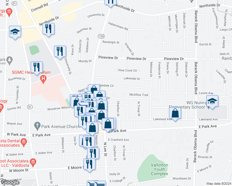map of restaurants, bars, coffee shops, grocery stores, and more near 11 Pinedale Circle in Valdosta