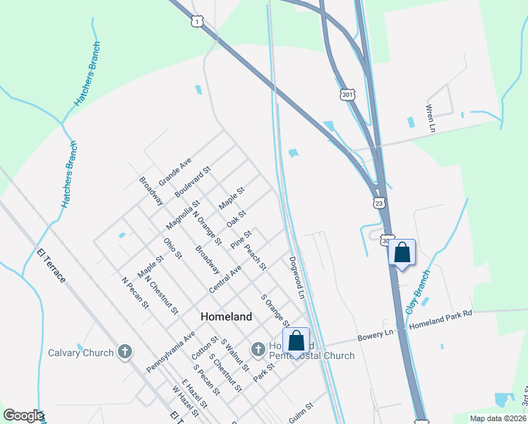 map of restaurants, bars, coffee shops, grocery stores, and more near 23 Plum Street in Homeland