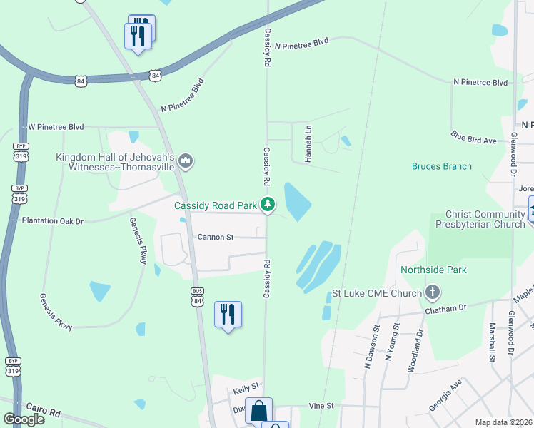 map of restaurants, bars, coffee shops, grocery stores, and more near 1003 Cassidy Road in Thomasville